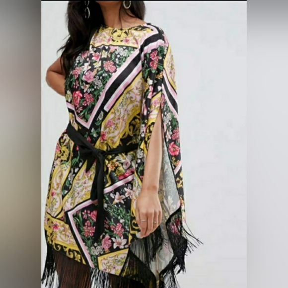 ASOS Scarf Print Satin Cape Midi Dress Oversized - Picture 7 of 8